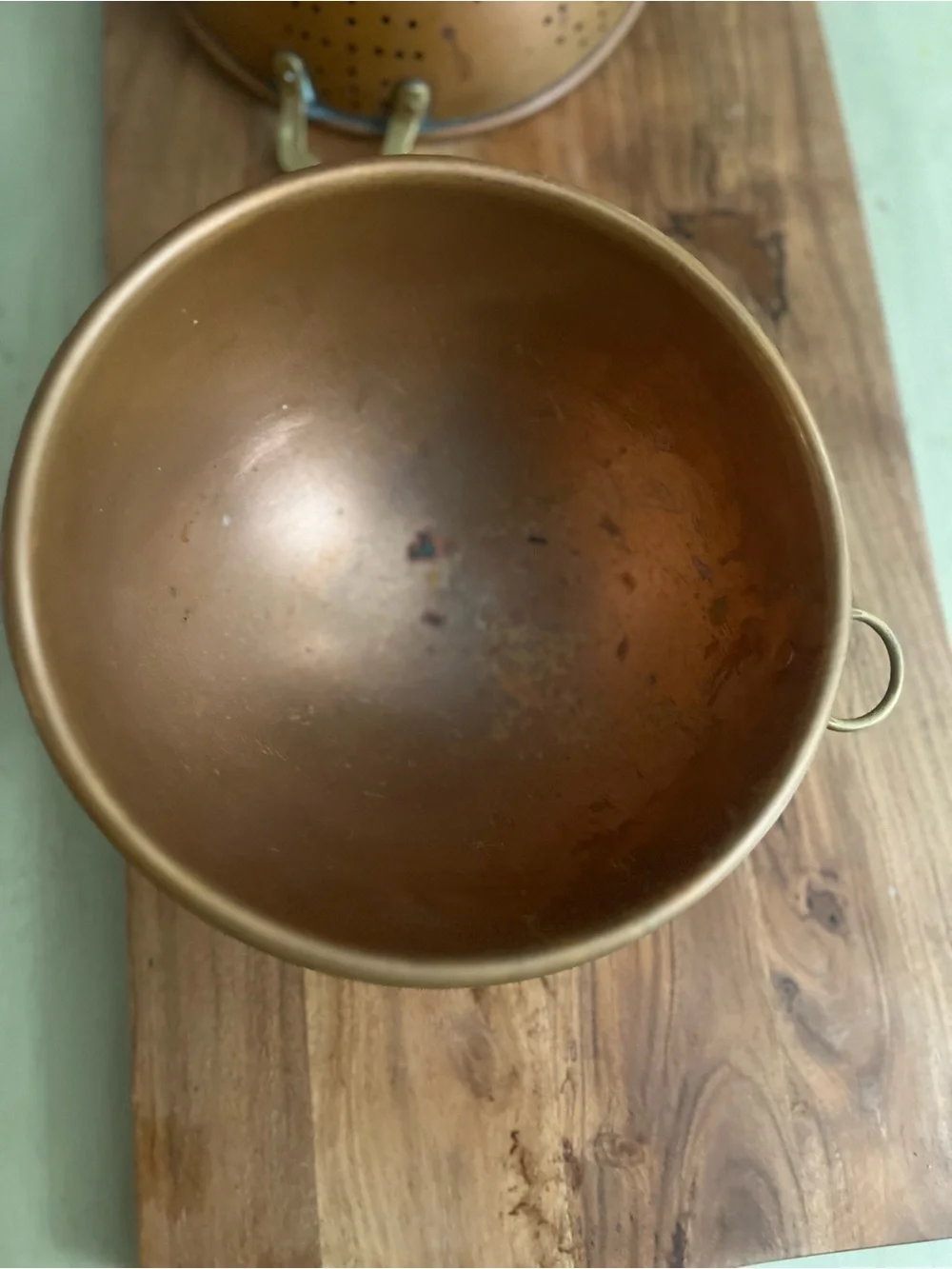 Vintage Copper-Tone Skimmer and Mixing Bowl Set with Wooden Handle